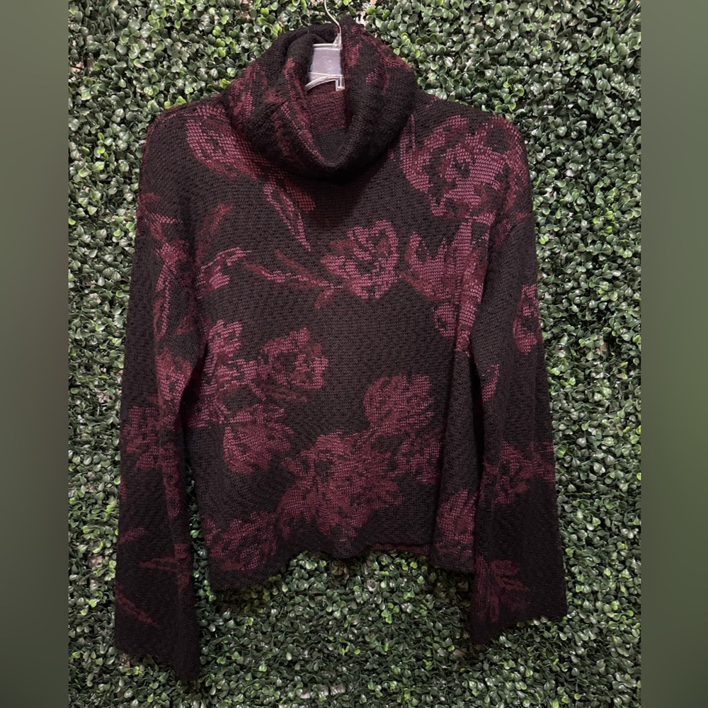 White House Black Market Black and Burgundy Floral Turtleneck Sweater